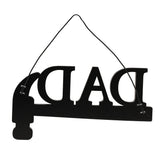 Wooden wall plaque shaped like a hammer with cutout "DADD" lettering in black, silver mirror-effect hammer head, black cord hanger, on a white background.