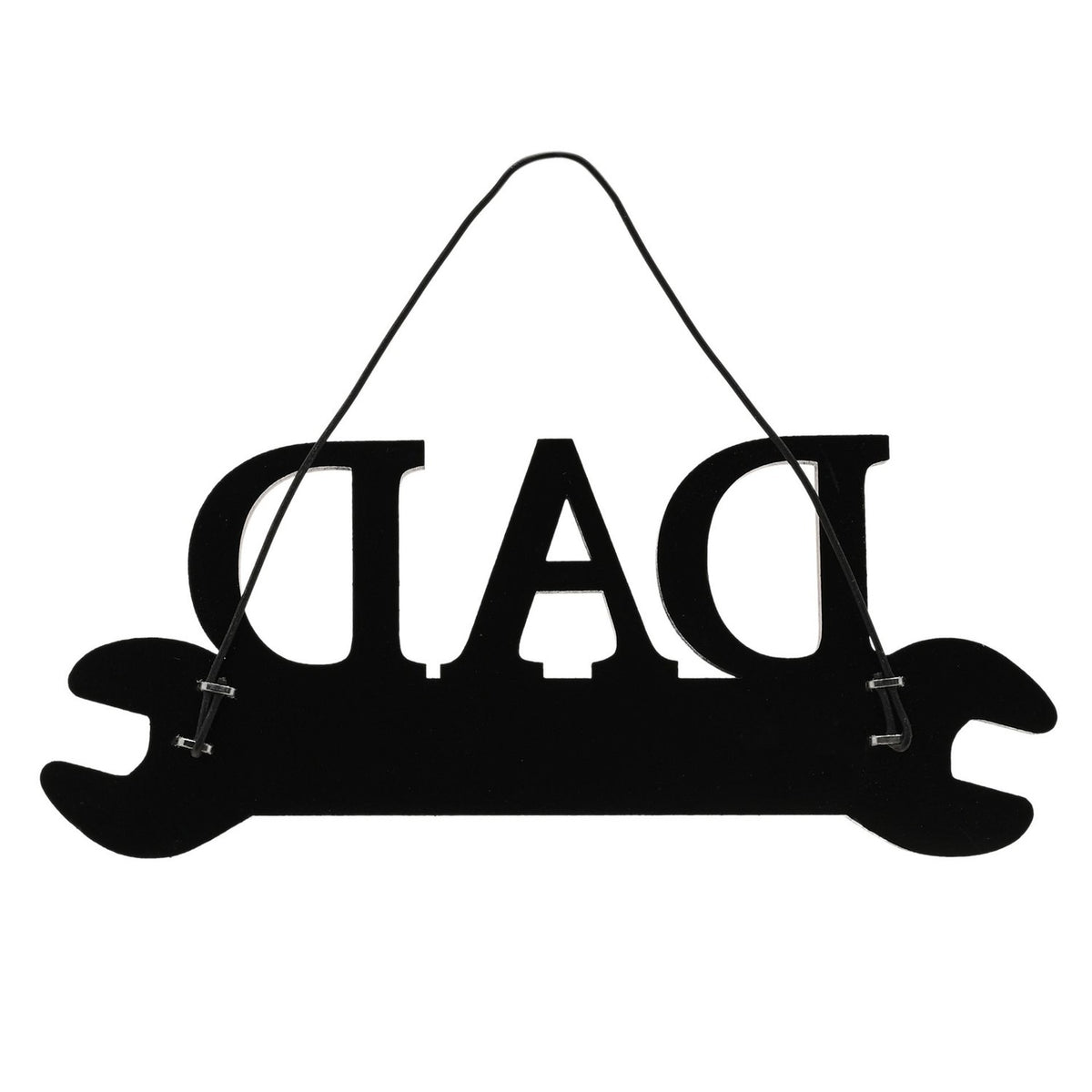 Black wooden spanner-shaped wall plaque with "DAD" cut out above a black handle, hung on a cord against a plain white background.