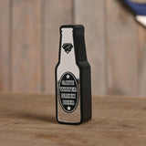 Wooden bottle-shaped wall plaque with mirrored silver finish and black edge, black oval label reading "Save Water Drink Beer" in white, standing on a wooden surface.