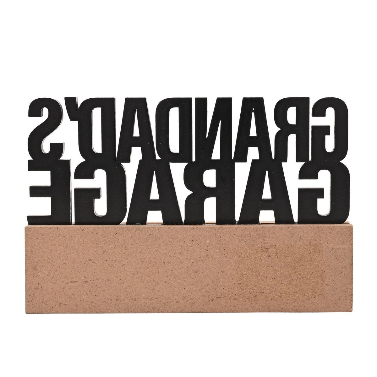 Grandad's Garage wooden standing plaque with bold black cut-out lettering on a natural wood base, shown on a plain white background.