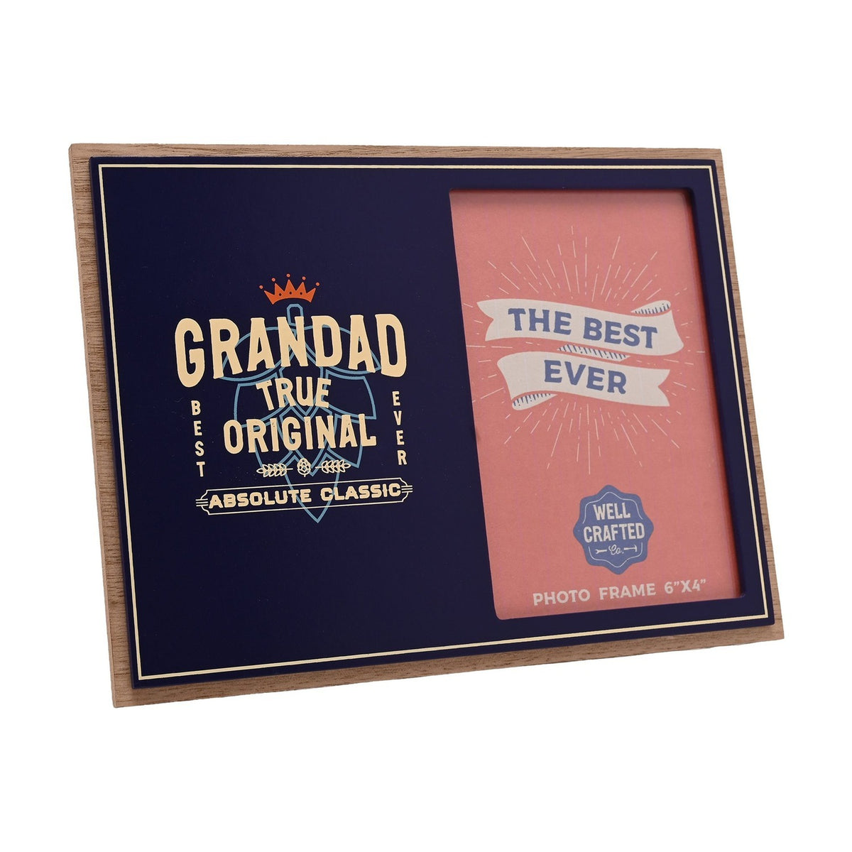 Wooden photo frame in landscape layout, navy front with cream "Grandad True Original Absolute Classic" text and crown, pink 6x4in photo slot, on a white background.