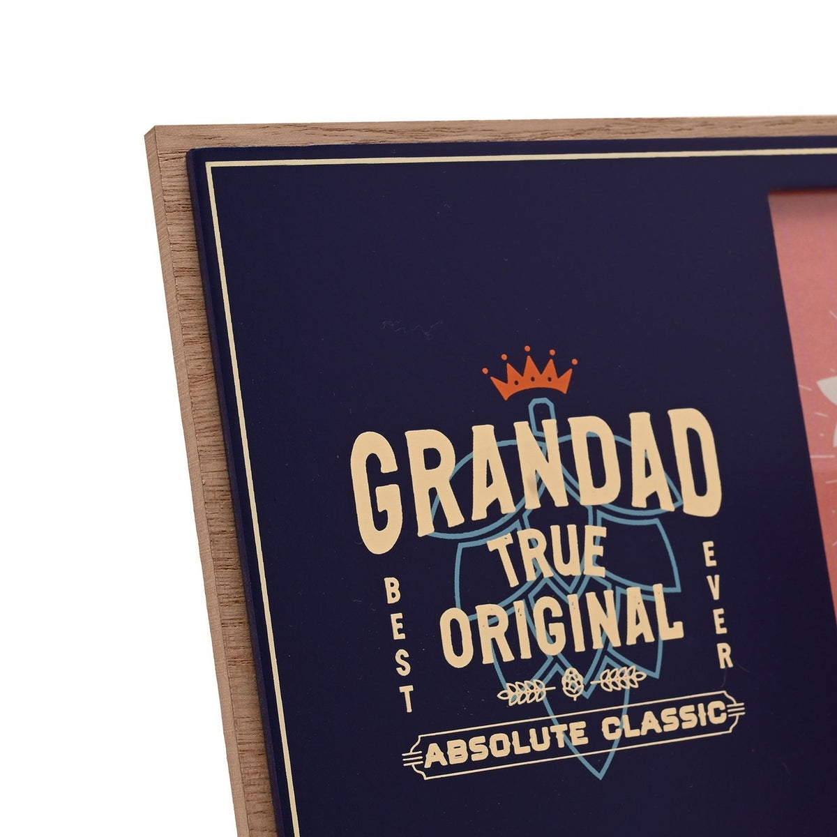 Close-up of a wooden 6 x 4in photo frame in blue with cream "Grandad True Original" text, an orange crown, and an "Absolute Classic" banner, set against a plain white background.