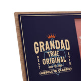 Close-up of a wooden 6 x 4in photo frame in blue with cream "Grandad True Original" text, an orange crown, and an "Absolute Classic" banner, set against a plain white background.