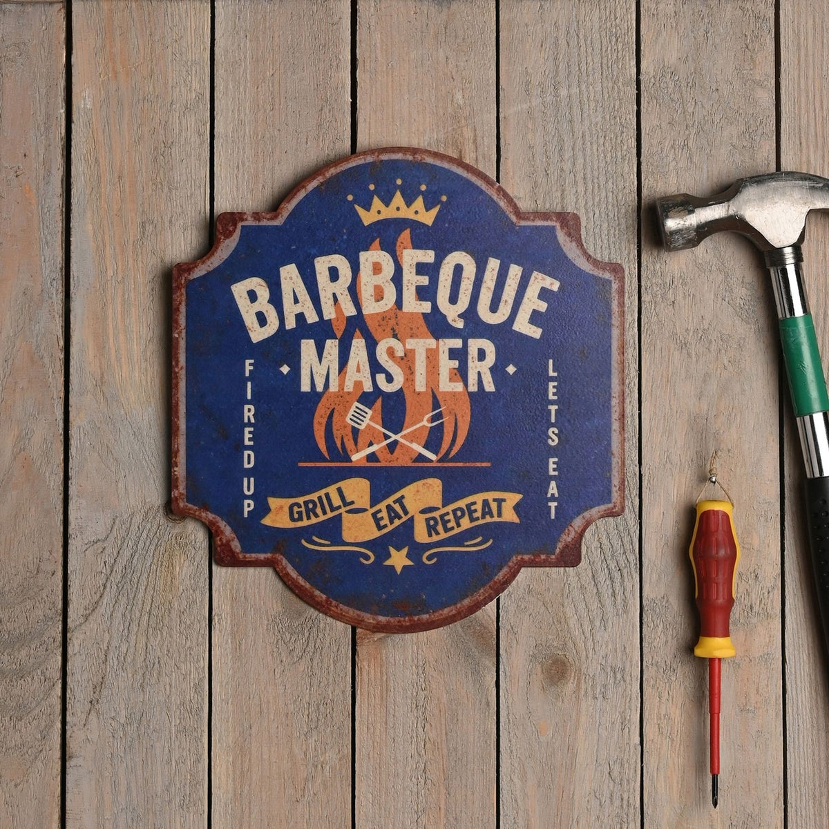 Barbeque Master Tin Wall Plaque with Rear Hanger - Blue