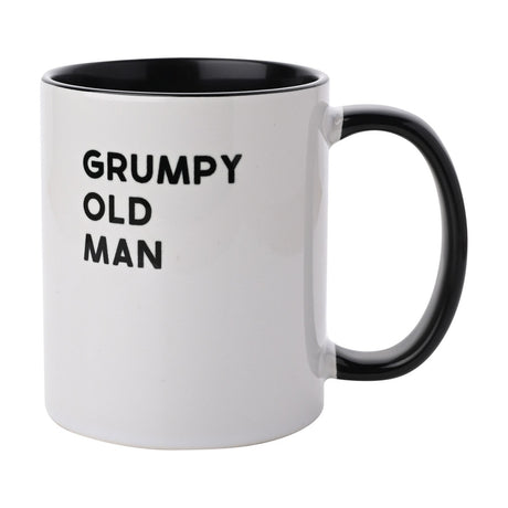 White glazed stoneware mug with black interior and handle, printed with "GRUMPY OLD MAN" in bold black capitals, shown on a plain white background.