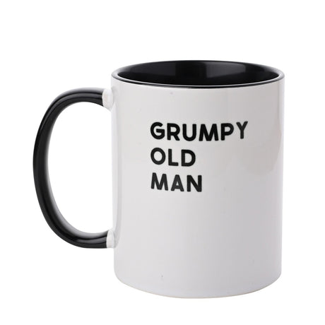 White glazed stoneware mug with black interior and handle, printed with "GRUMPY OLD MAN" in bold black capitals, shown on a plain white background.