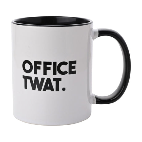 White stoneware mug with "OFFICE TWAT." in bold black text, black glazed interior and matching black handle, shown on a plain white background.