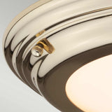 Close-up of a polished brass ceiling light fixture with a frosted glass cover, showcasing a Welland LED Light Flush. The image highlights the metallic rim and a small decorative screw on the side, emphasizing the fixture's sleek design and finish.