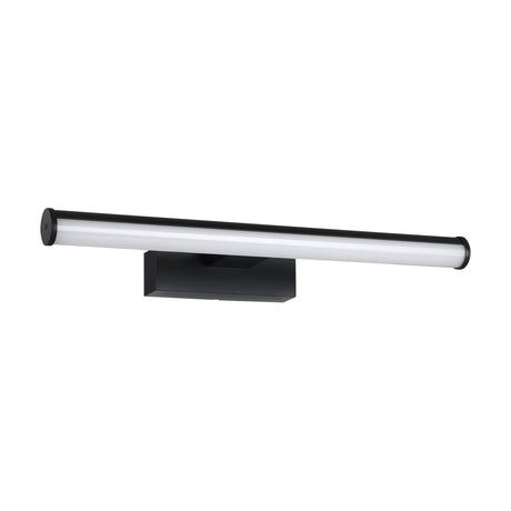 Wenelle LED Bathroom Wall Light 40cm in black, a slim round bar with a white diffuser and black end caps mounted forward on a rectangular bracket, shown on a plain white background.