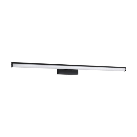 Wenelle LED bathroom wall light, 78cm slim black bar with rounded end caps and a white diffuser panel, mounted on a black rectangular wall bracket, shown on a plain white background.