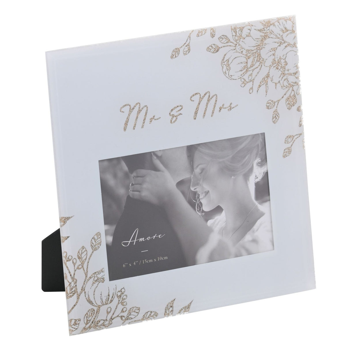 Square glass photo frame in pale grey with gold glitter floral corners and "Mr & Mrs" script above a 6 x 4in landscape opening, shown on a white background.