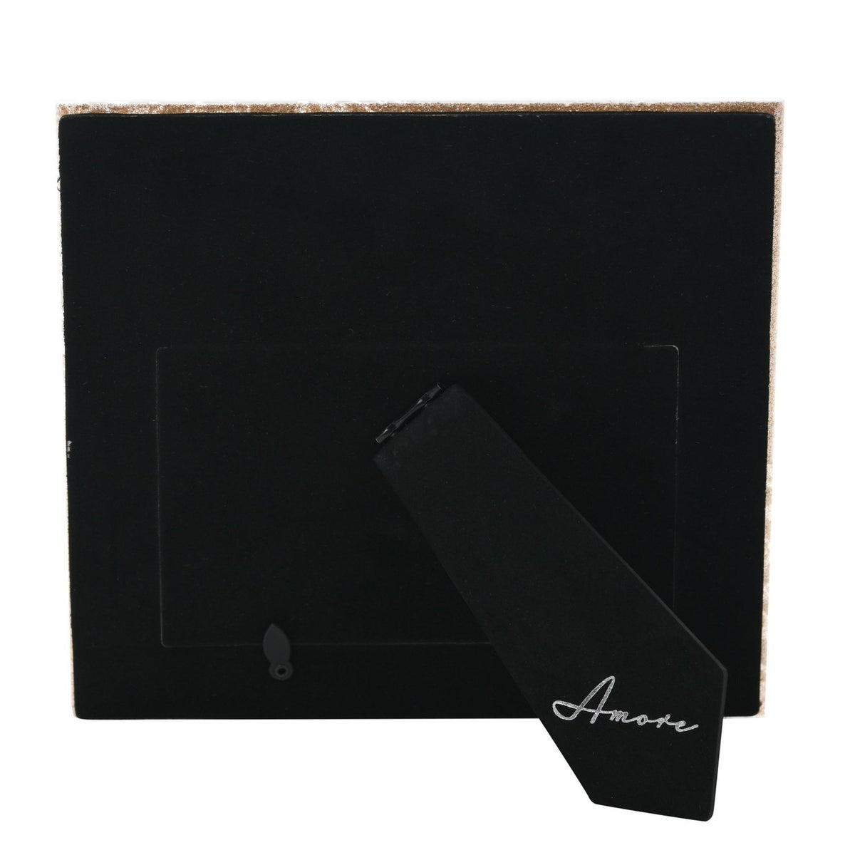 Rear view of the Mr & Mrs square photo frame in black velvet, showing a fold-out stand and an "Amore" branded tag, set against a plain white background.