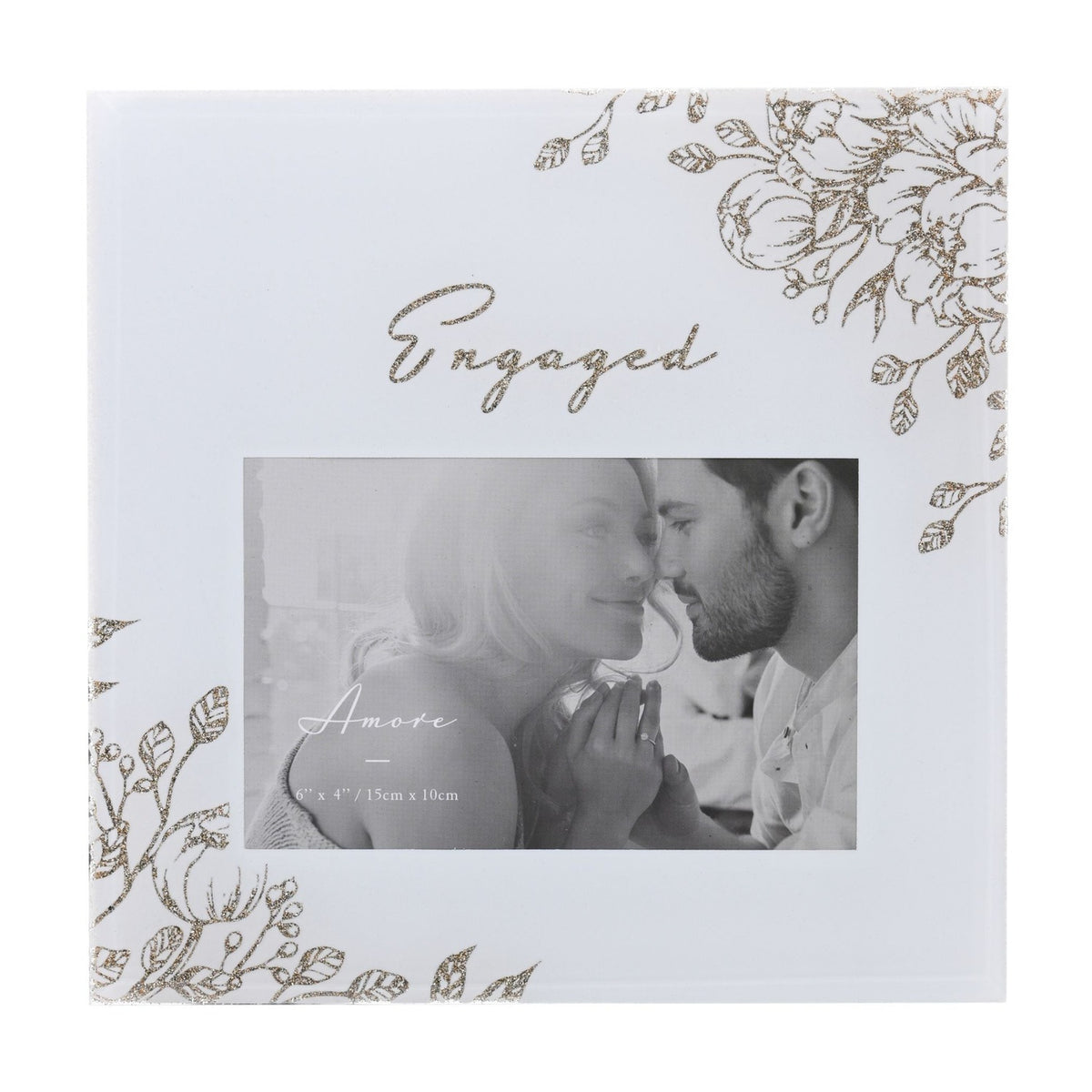 Engaged Gold Glitter Floral Glass Photo Frame 6 x 4in - Grey