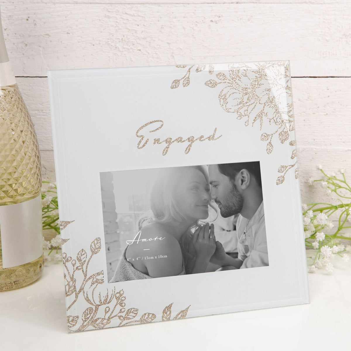 Engaged Gold Glitter Floral Glass Photo Frame 6 x 4in - Grey