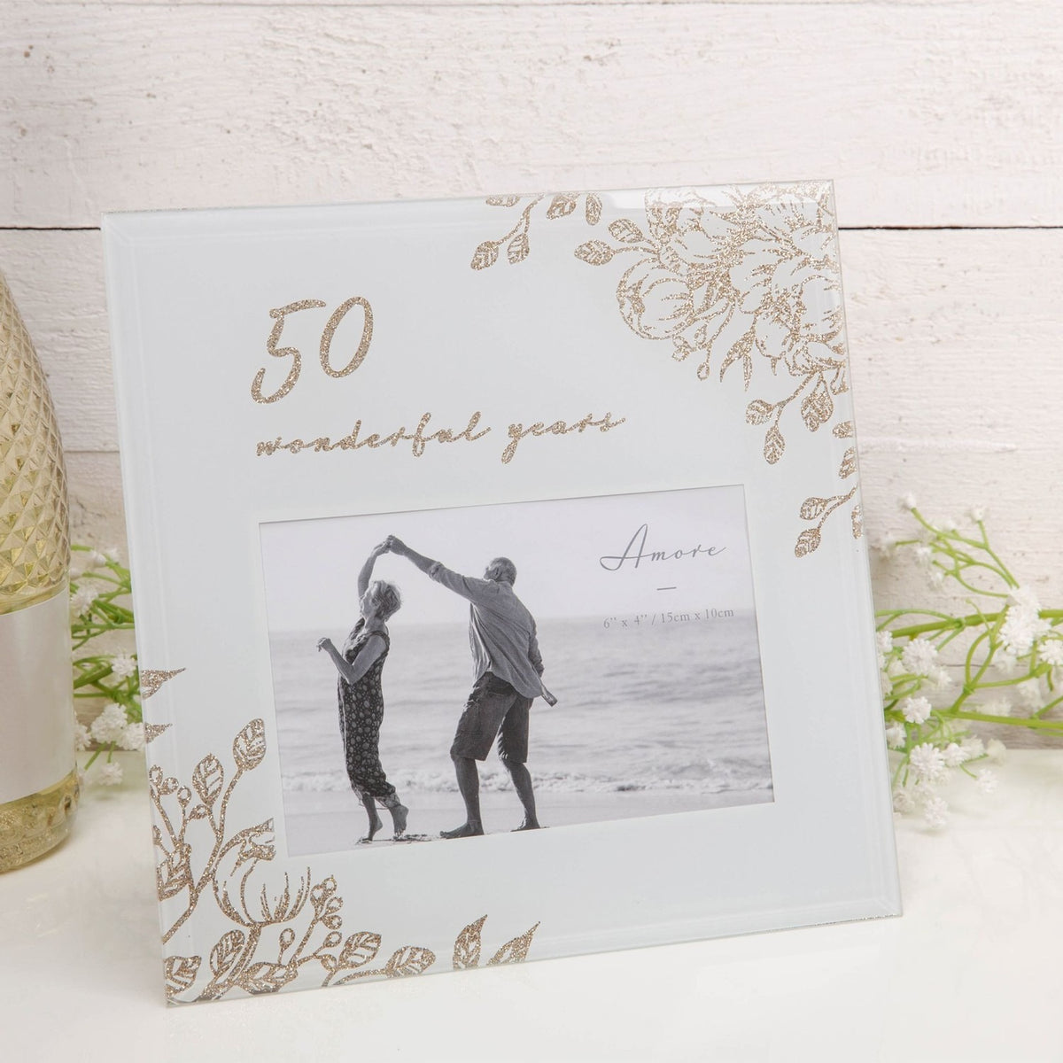 50 Wonderful Years Gold Floral Glass Photo Frame 6 x 4in - Grey