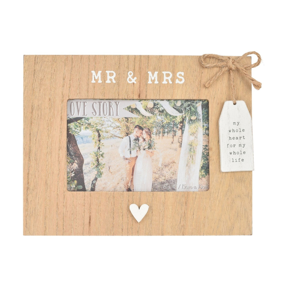 Mr & Mrs Wooden Photo Frame with Hanging Tag 6 x 4in - Brown