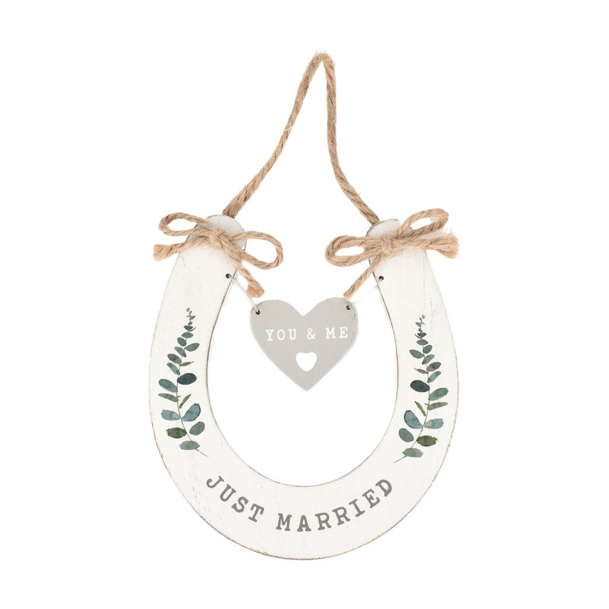 Just Married Eucalyptus Wooden Horseshoe Wall Art - White