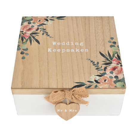 Square wooden Wedding Keepsakes box with brown floral-printed lid, white base, burlap bow, and wooden heart tag reading "Mr & Mrs," shown on a plain white background.