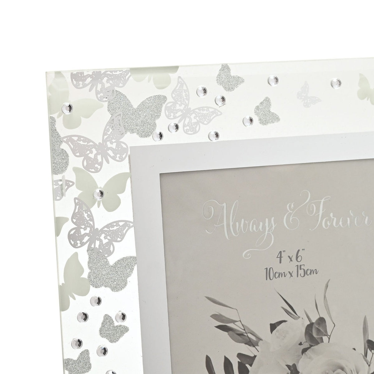 Glitter Butterfly Freestanding Glass Photo Frame - White