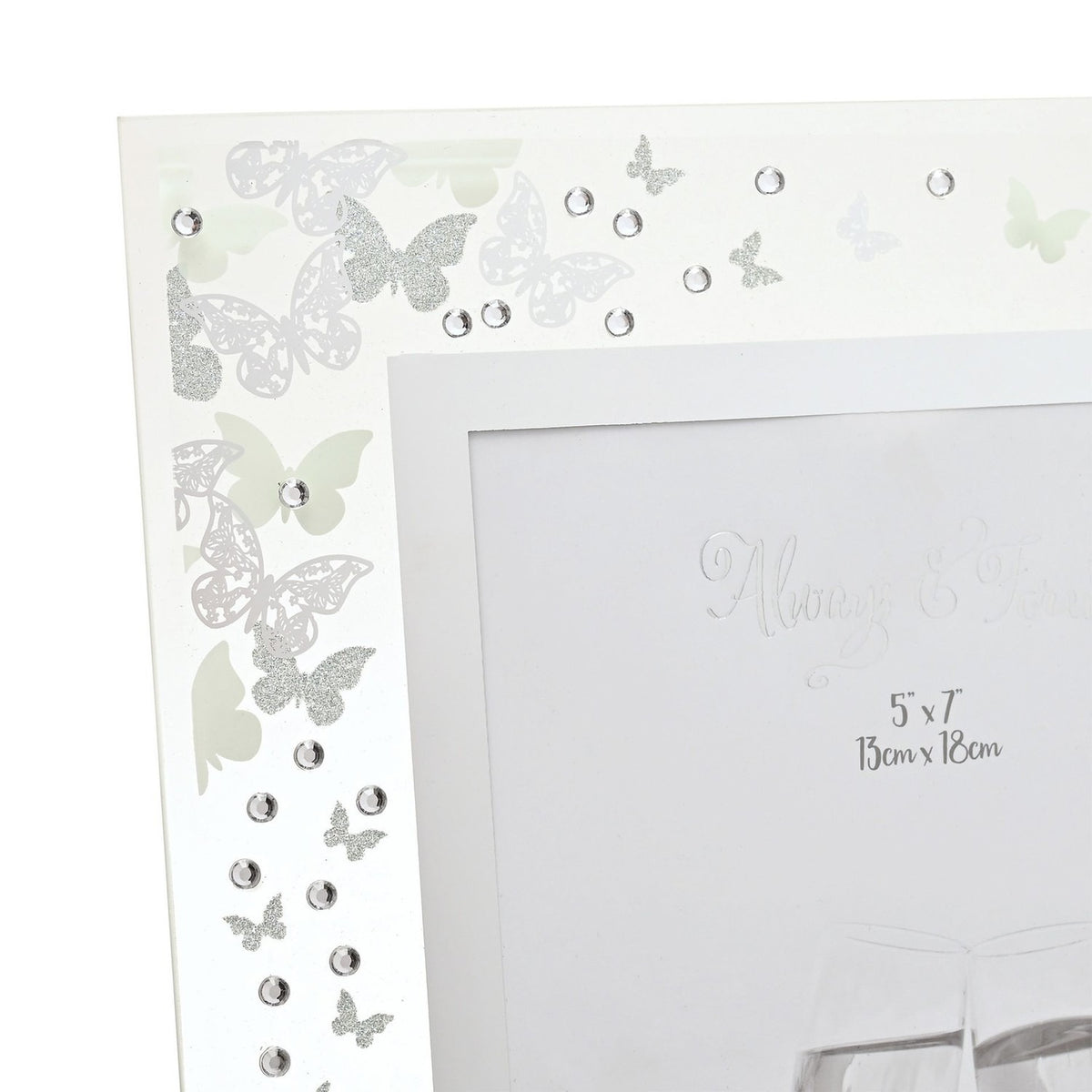 Glitter Butterfly Freestanding Glass Photo Frame - White