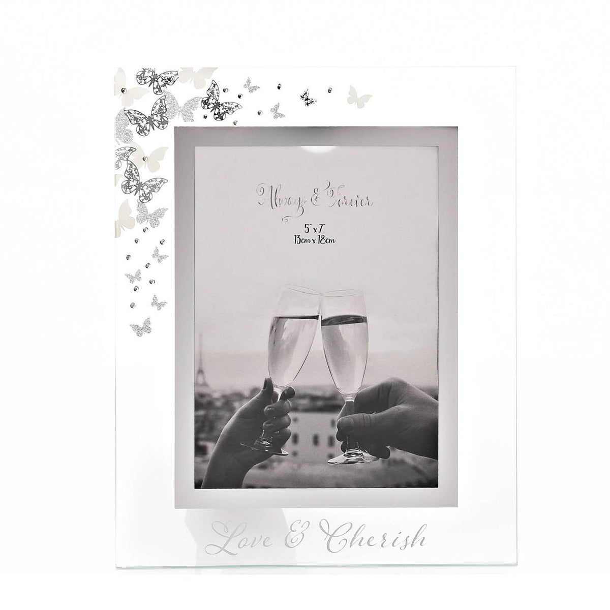 Glitter Butterfly Freestanding Glass Photo Frame - White