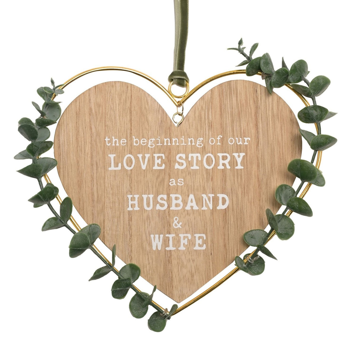 'Husband & Wife' Hanging Heart Plaque with Leaves - Brown