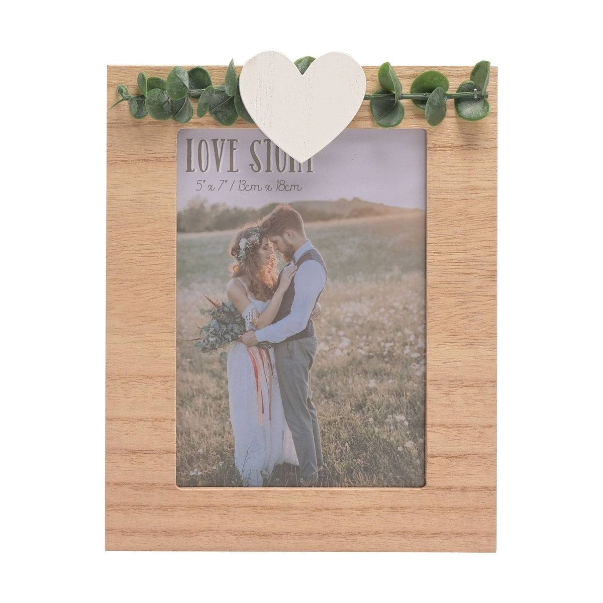 Rustic Photo Frame with Heart and Leaves 7 x 5in - Brown