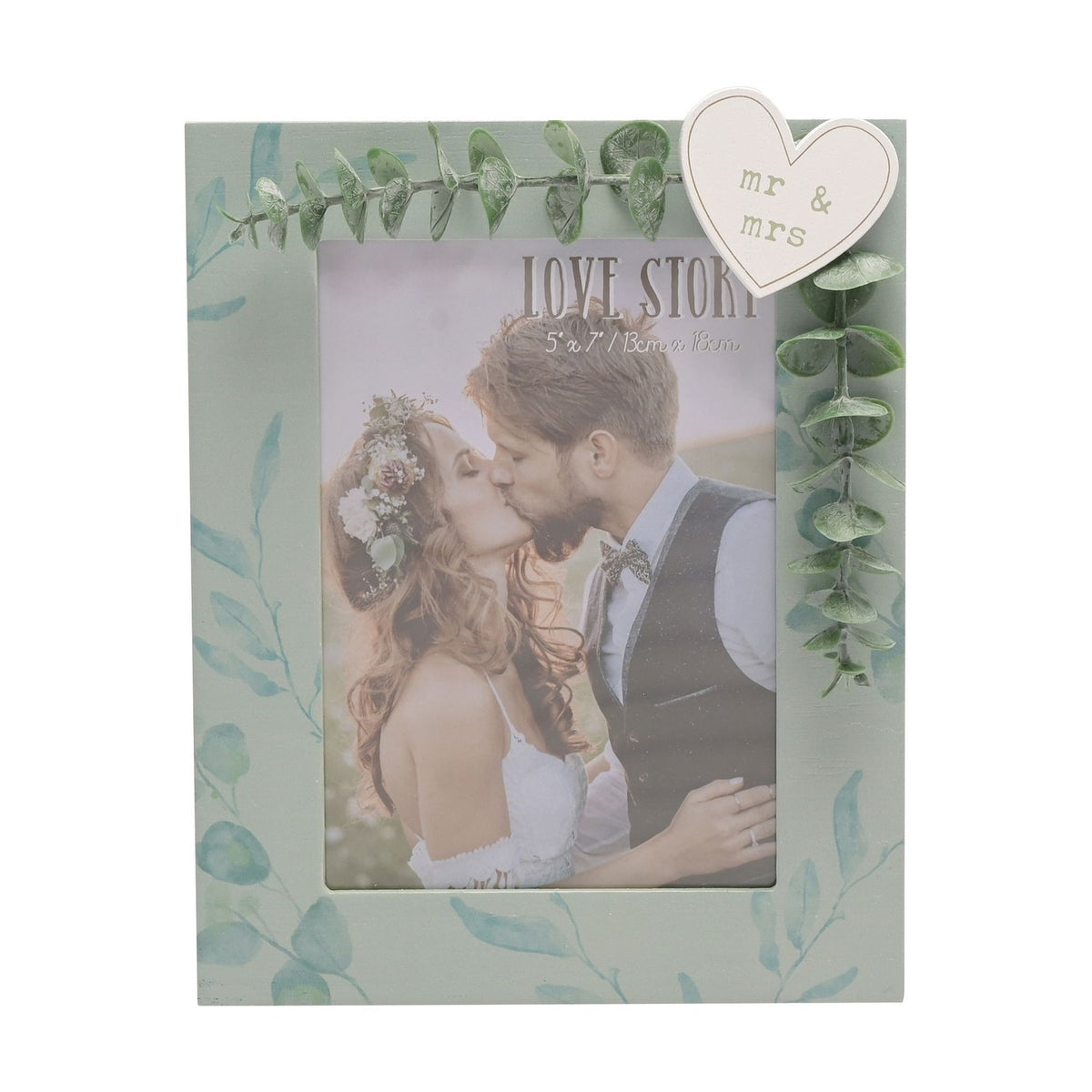 Mr & Mrs Heart Photo Frame with Faux Leaves 7 x 5in - Green