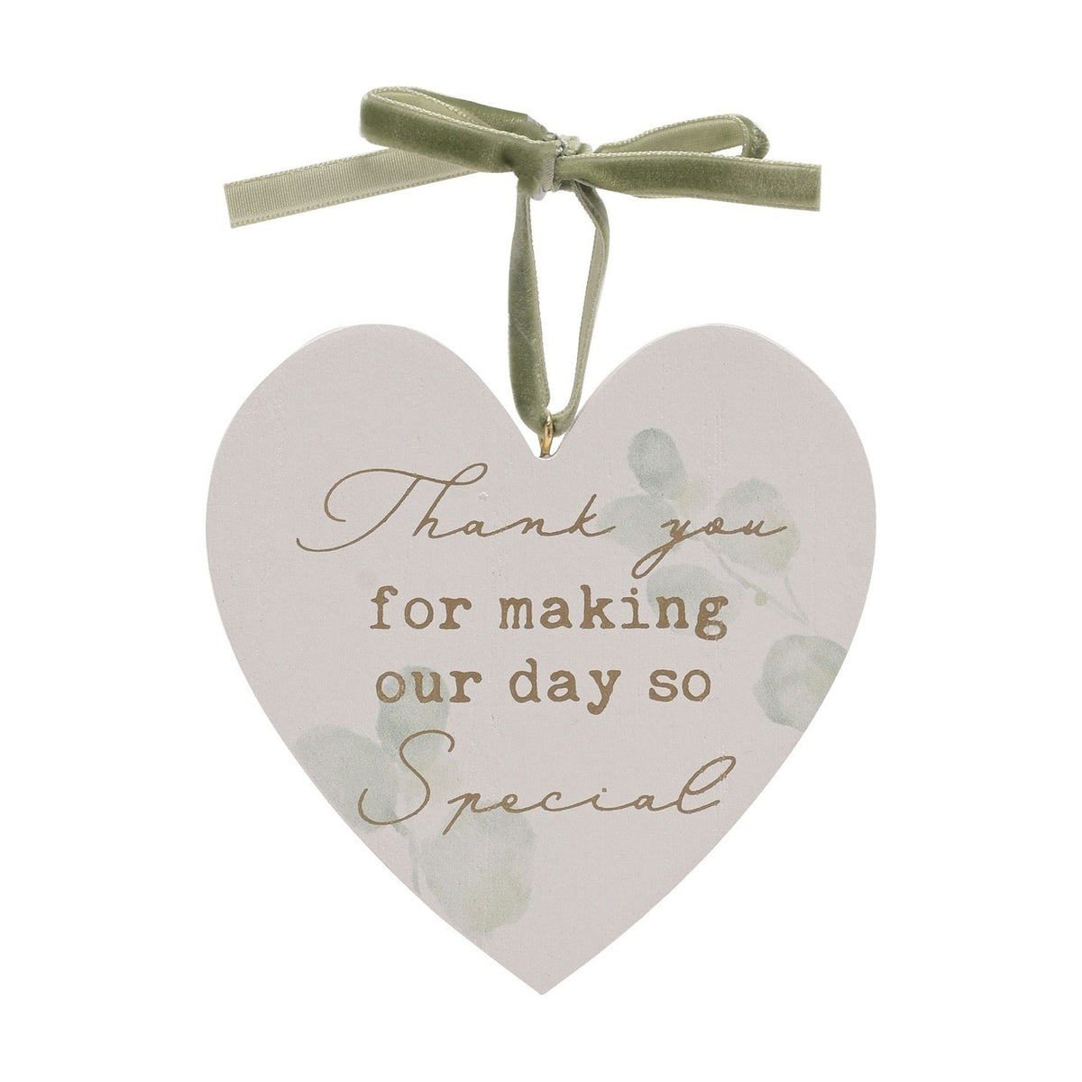 Thank You Hanging Heart Plaque with Green Ribbon - White