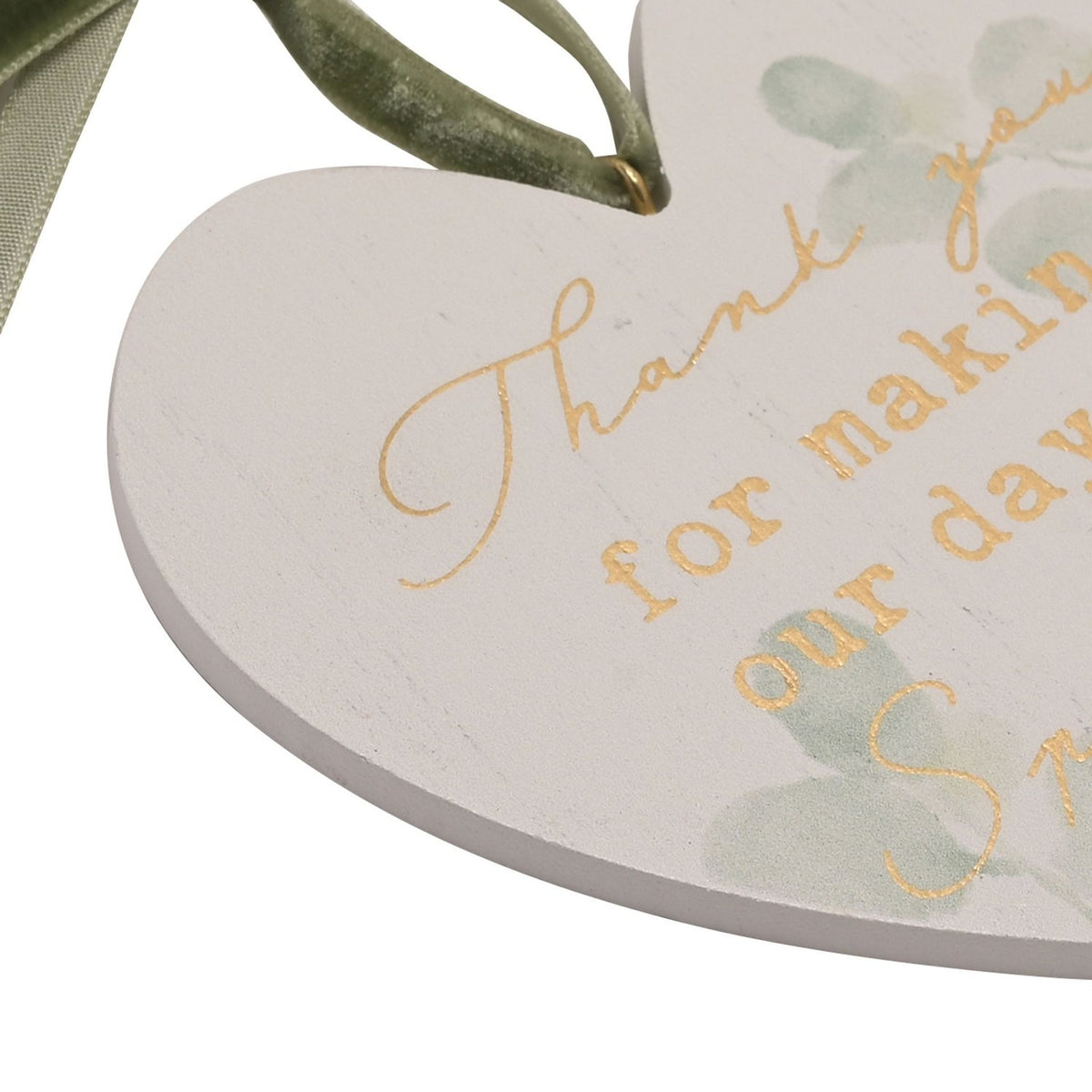 Thank You Hanging Heart Plaque with Green Ribbon - White
