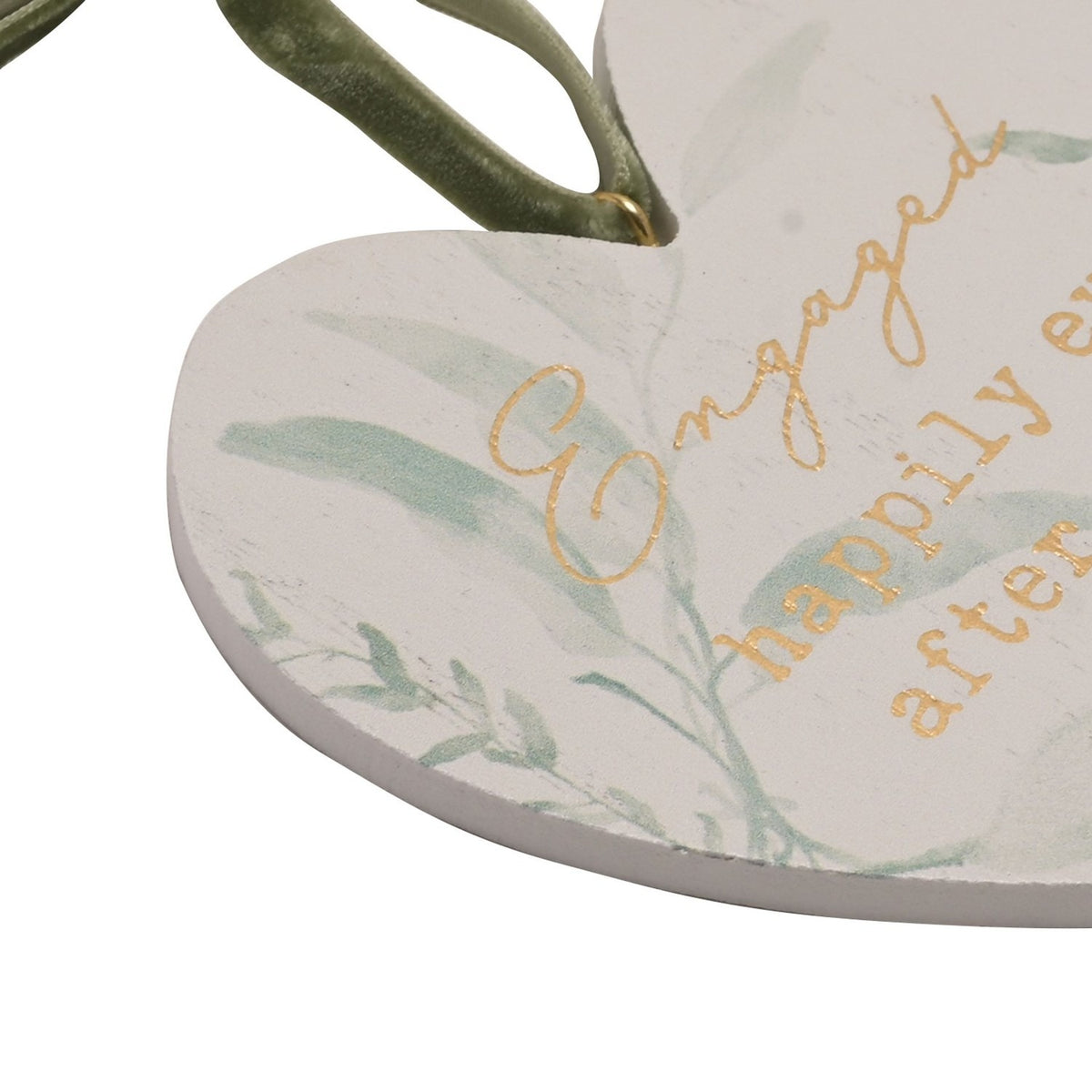 Engaged Leaf Print Hanging Heart Plaque with Ribbon - White