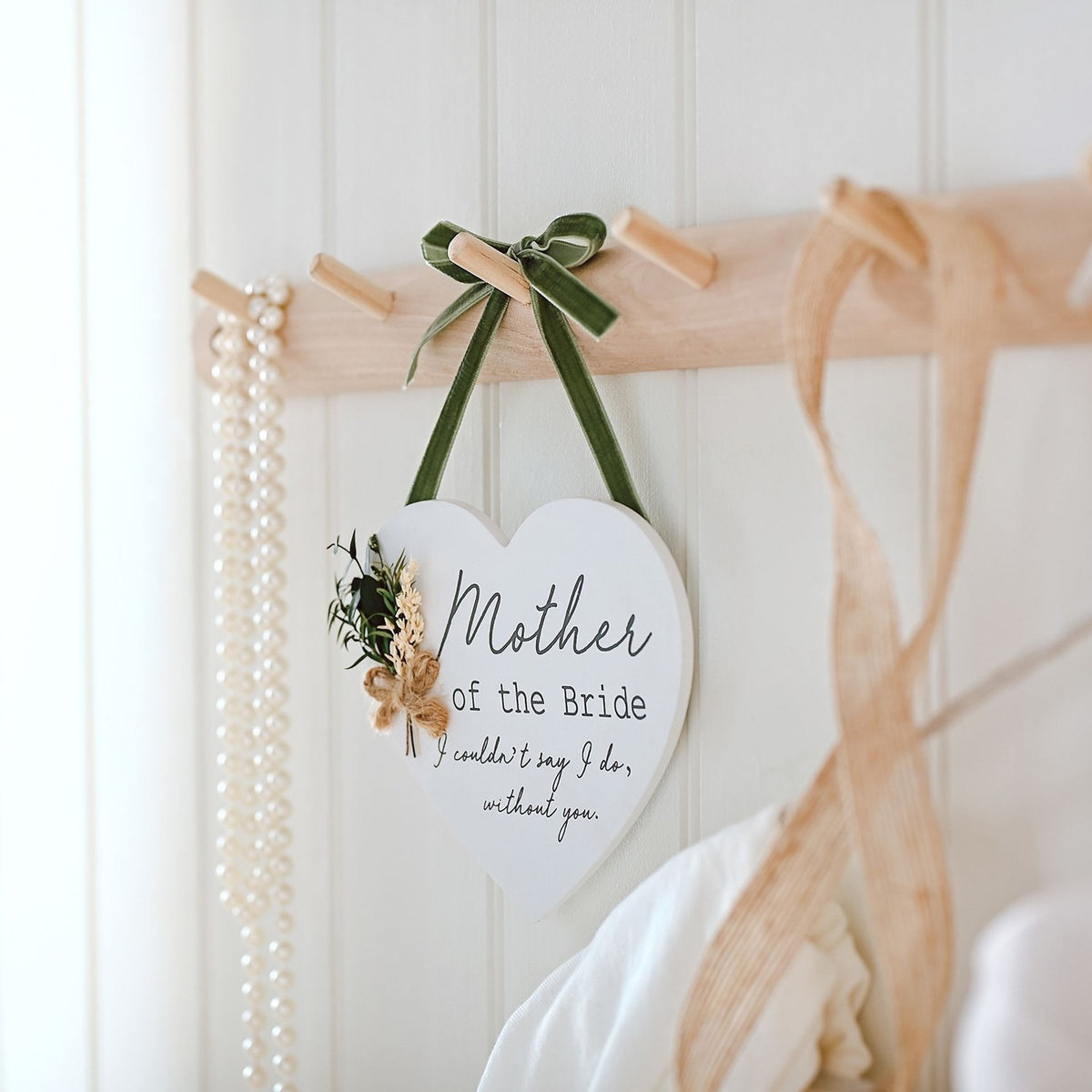 Mother of the Bride Wooden Heart Plaque with Flowers - White