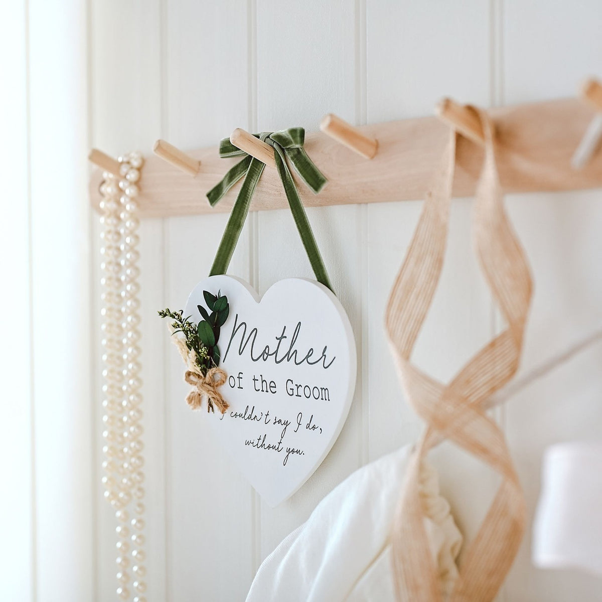 Mother of the Groom Wooden Heart Plaque with Flowers - White
