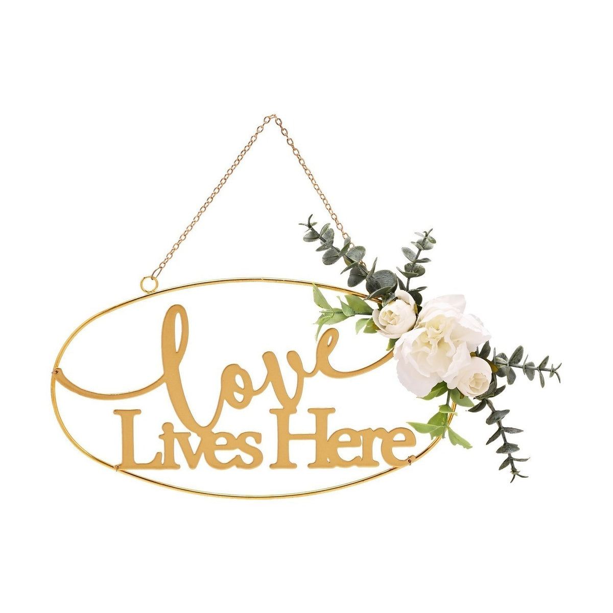 Love Lives Here Oval Metal & Floral Hanging Plaque - Gold