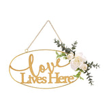 Love Lives Here Oval Metal & Floral Hanging Plaque - Gold