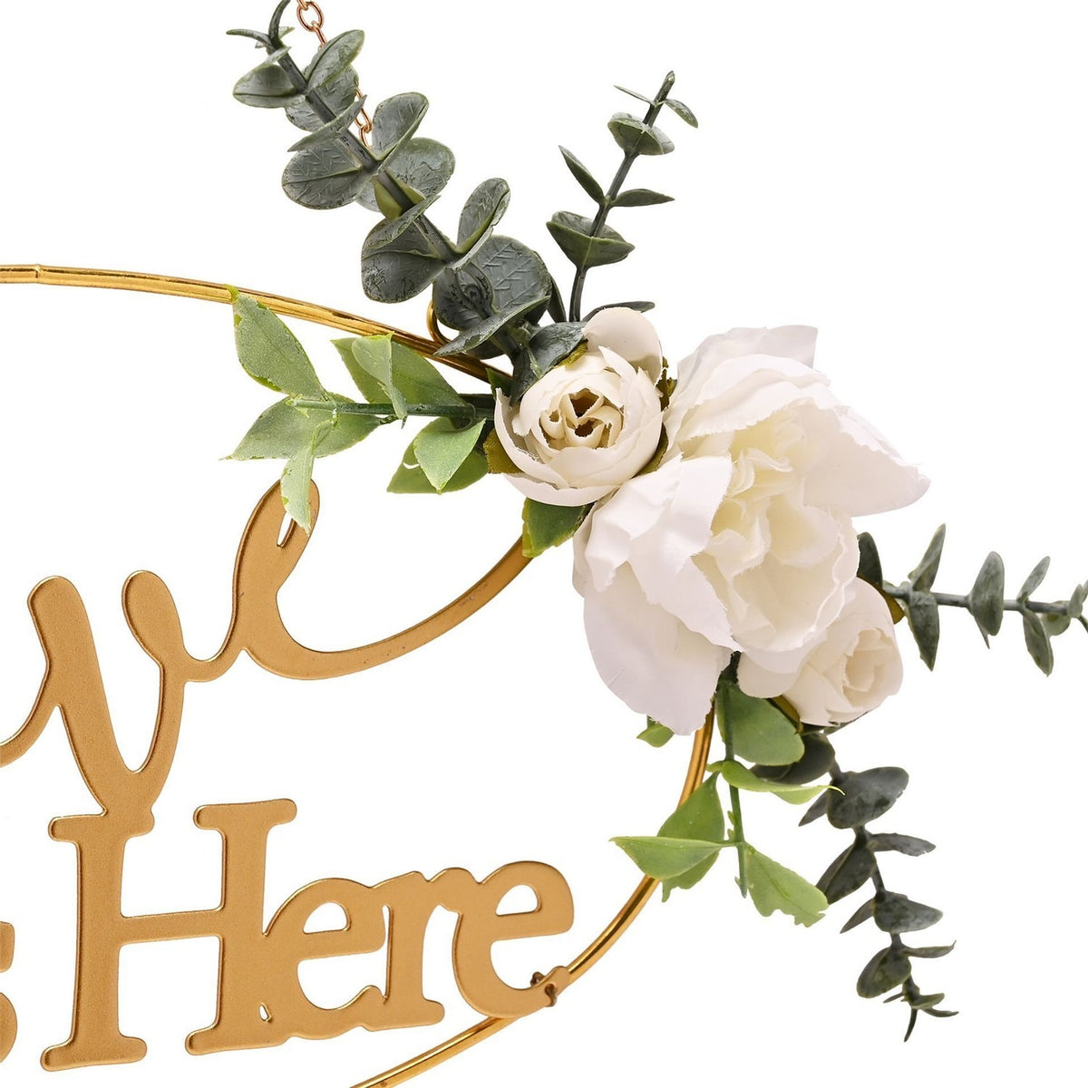 Love Lives Here Oval Metal & Floral Hanging Plaque - Gold