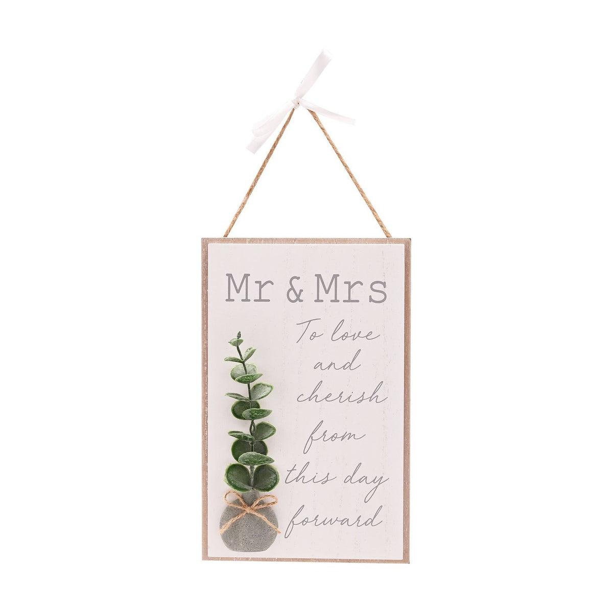 Mr & Mrs Eucalyptus and Pebble Hanging Wooden Plaque - White