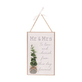 Mr & Mrs Eucalyptus and Pebble Hanging Wooden Plaque - White