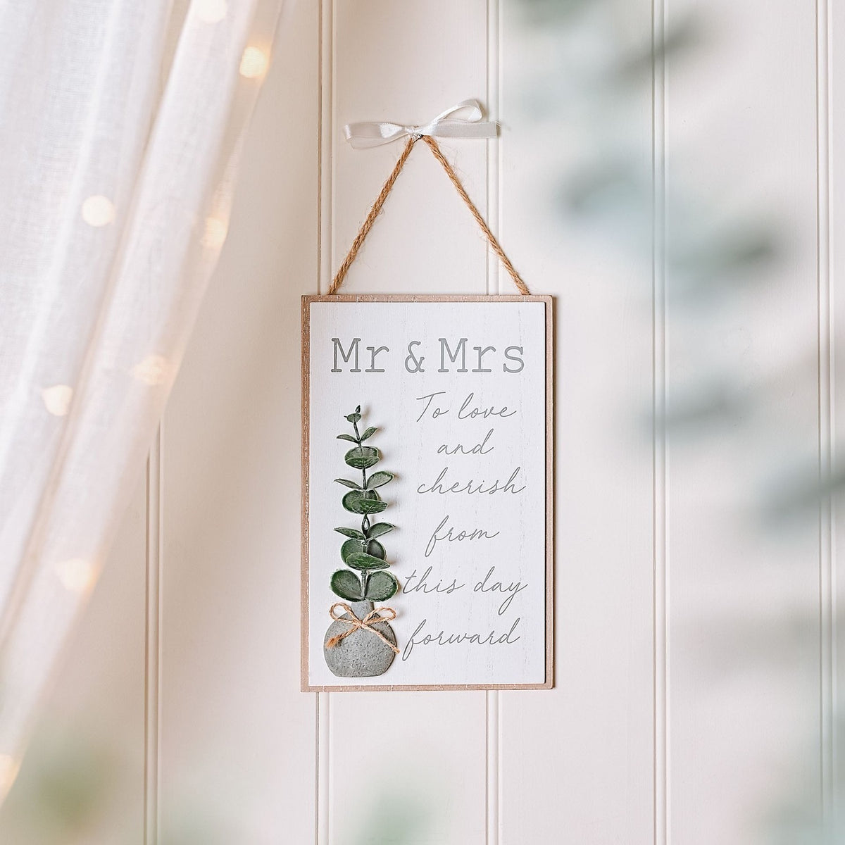 Mr & Mrs Eucalyptus and Pebble Hanging Wooden Plaque - White