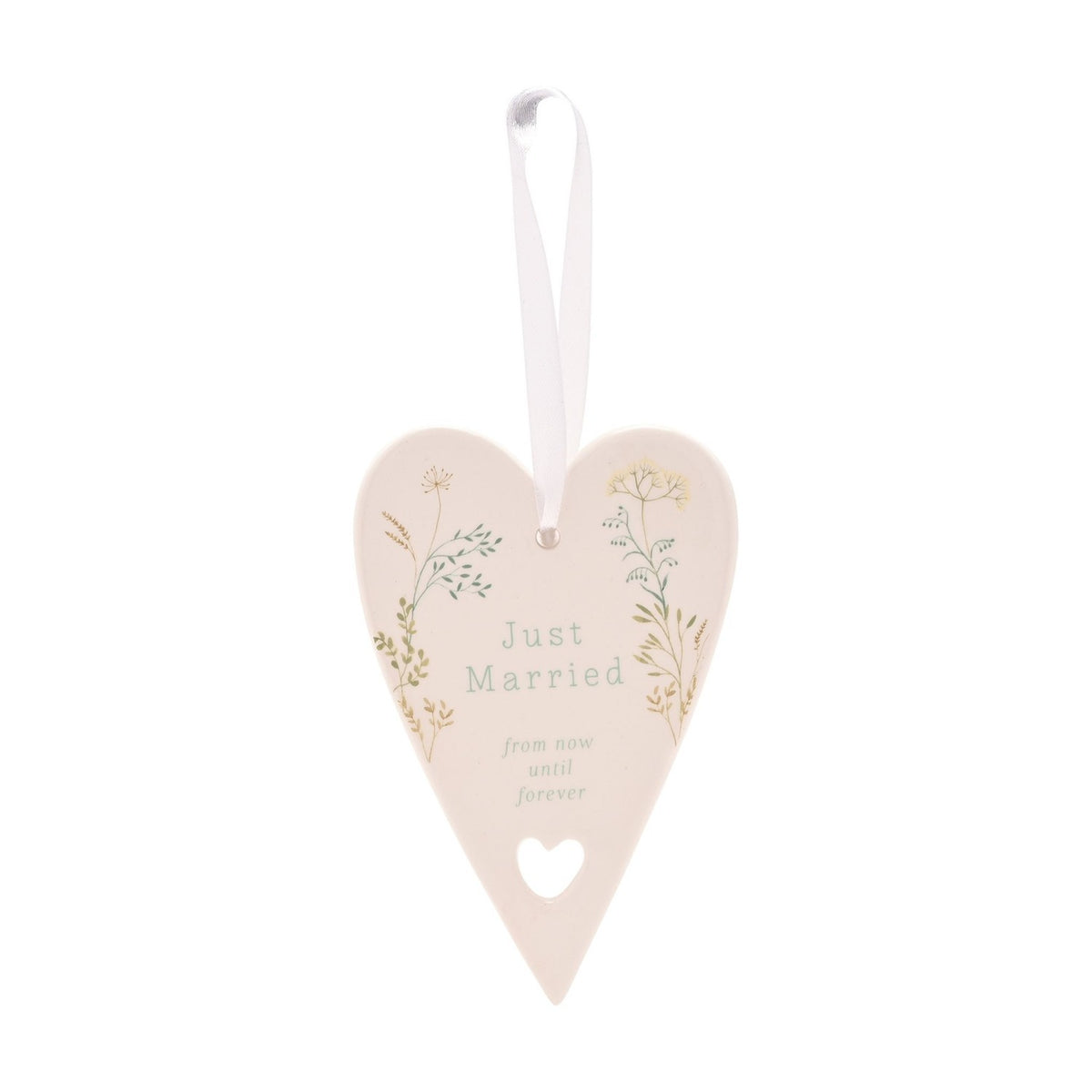 Just Married Ceramic Heart Hanging Decoration 12.7cm - White