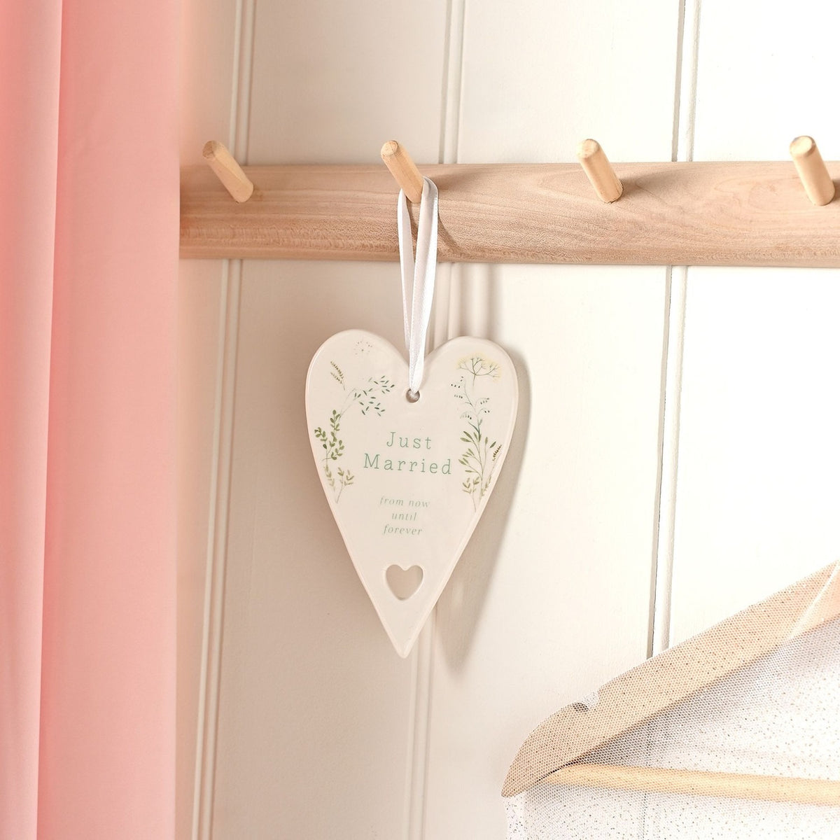 Just Married Ceramic Heart Hanging Decoration 12.7cm - White