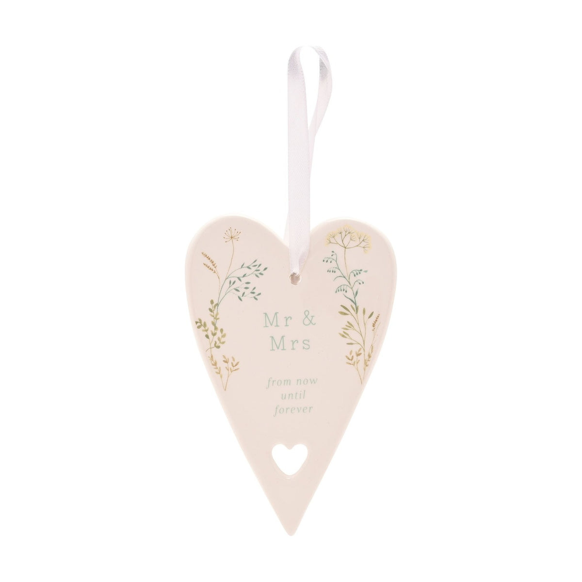 Mr & Mrs Ceramic Heart Hanging Decoration 12.7cm - White