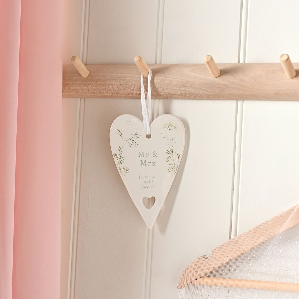 Mr & Mrs Ceramic Heart Hanging Decoration 12.7cm - White