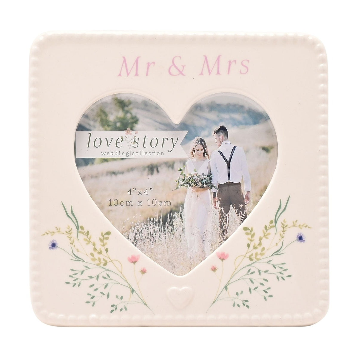 Mr & Mrs Floral Ceramic Photo Frame 4 x 4in - White & Black
