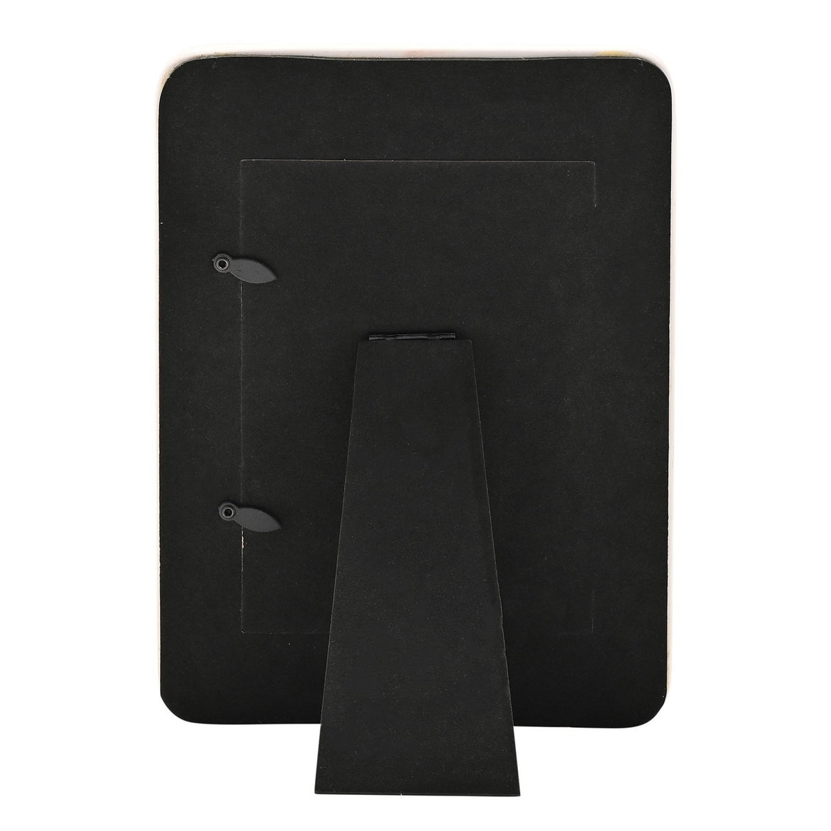 Rear view of the Floral Love Ceramic Photo Frame 6 x 4in showing a black backing board with hinged black clasps and a fold-out easel stand, on a plain white background.