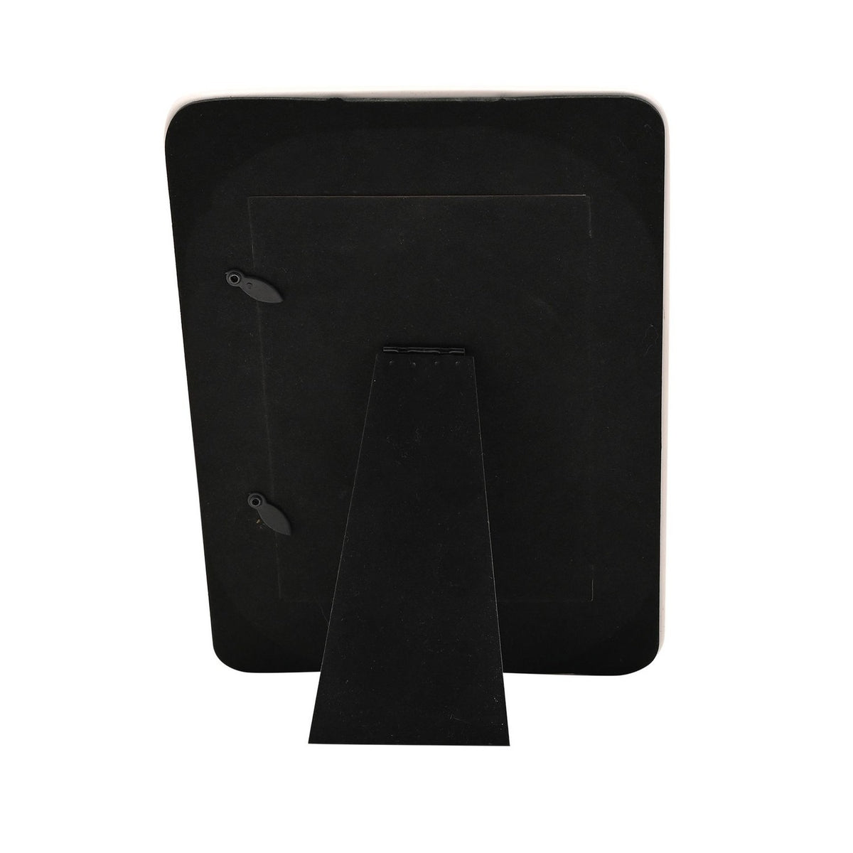 Rear view of the Floral Love Ceramic Photo Frame 6 x 4in showing its black backing, hinged fold-out stand, and metal hanging tabs on a white background.