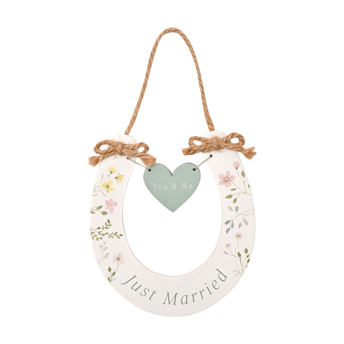 Just Married Wildflower Horseshoe Wooden Wall Art - White
