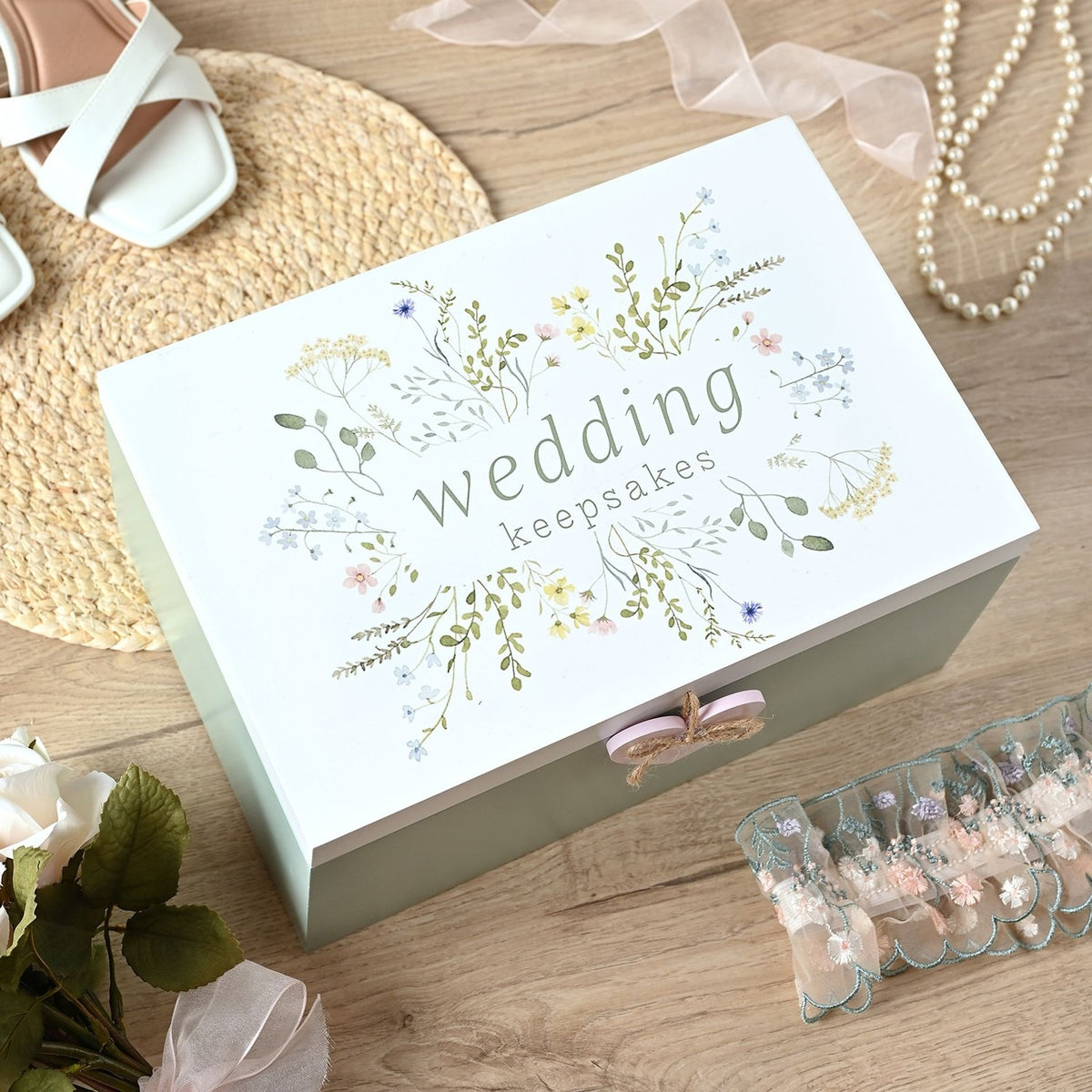 Wildflower Wedding Wooden Keepsake Box with Heart - Green