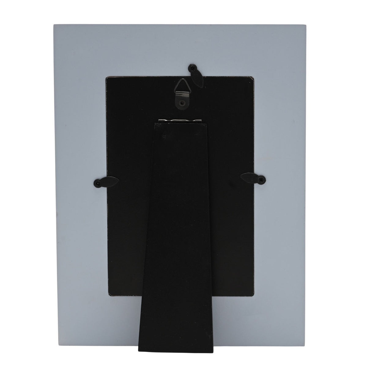 Rear view of the Wedding Day Laser Cut Photo Frame 6 x 4in Portrait showing the black easel stand, hanging hook and white wooden backing on a plain background.