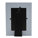 Rear view of the Wedding Day Laser Cut Photo Frame 6 x 4in Portrait showing the black easel stand, hanging hook and white wooden backing on a plain background.